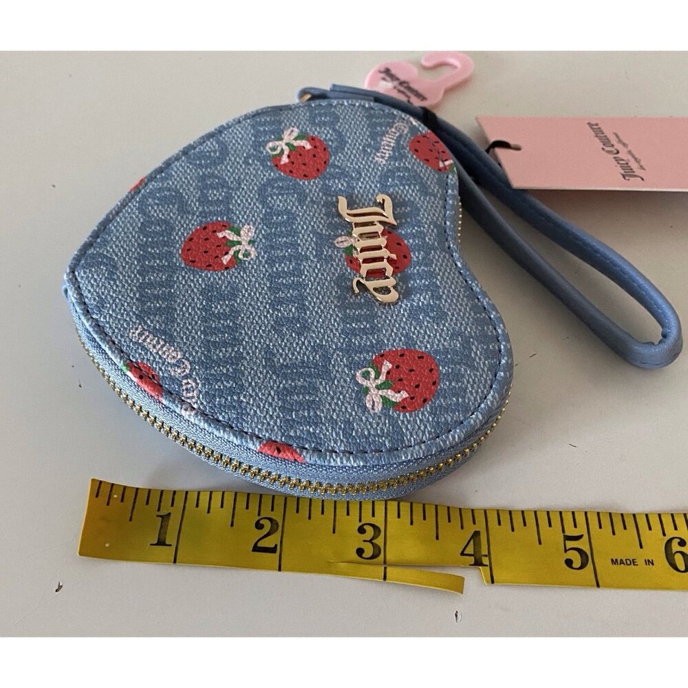 Juicy Couture Berry Sweet Coin Purse Wristlet Dusty Blue Red Strawberries NEW - Picture 10 of 10